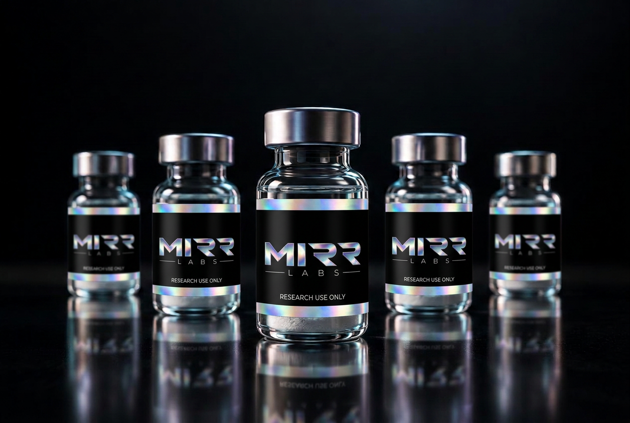 Five MIRR research vials arranged on a reflective laboratory surface